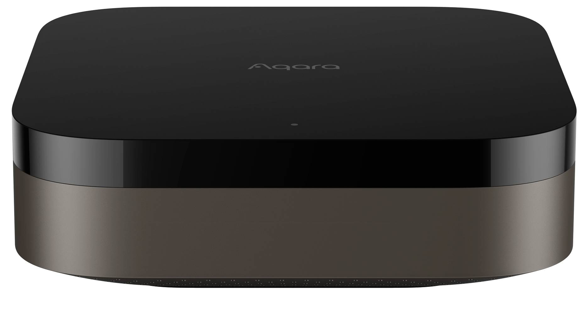 Ein schwarzes, rechteckiges Gerät mit der Aufschrift 'Aqara' auf der Oberseite, vermutlich ein Smart-Home-Hub oder Kommunikationsgerät.