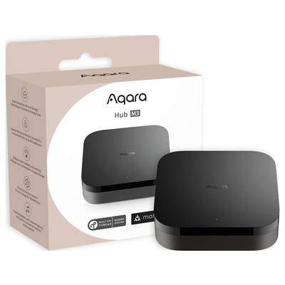 Smart-Home-Hub 'Aqara Hub M3' in Schwarz neben der Verpackung. Text auf Verpackung beschreibt Funktionen wie Thread- und Matter-Unterstützung.
