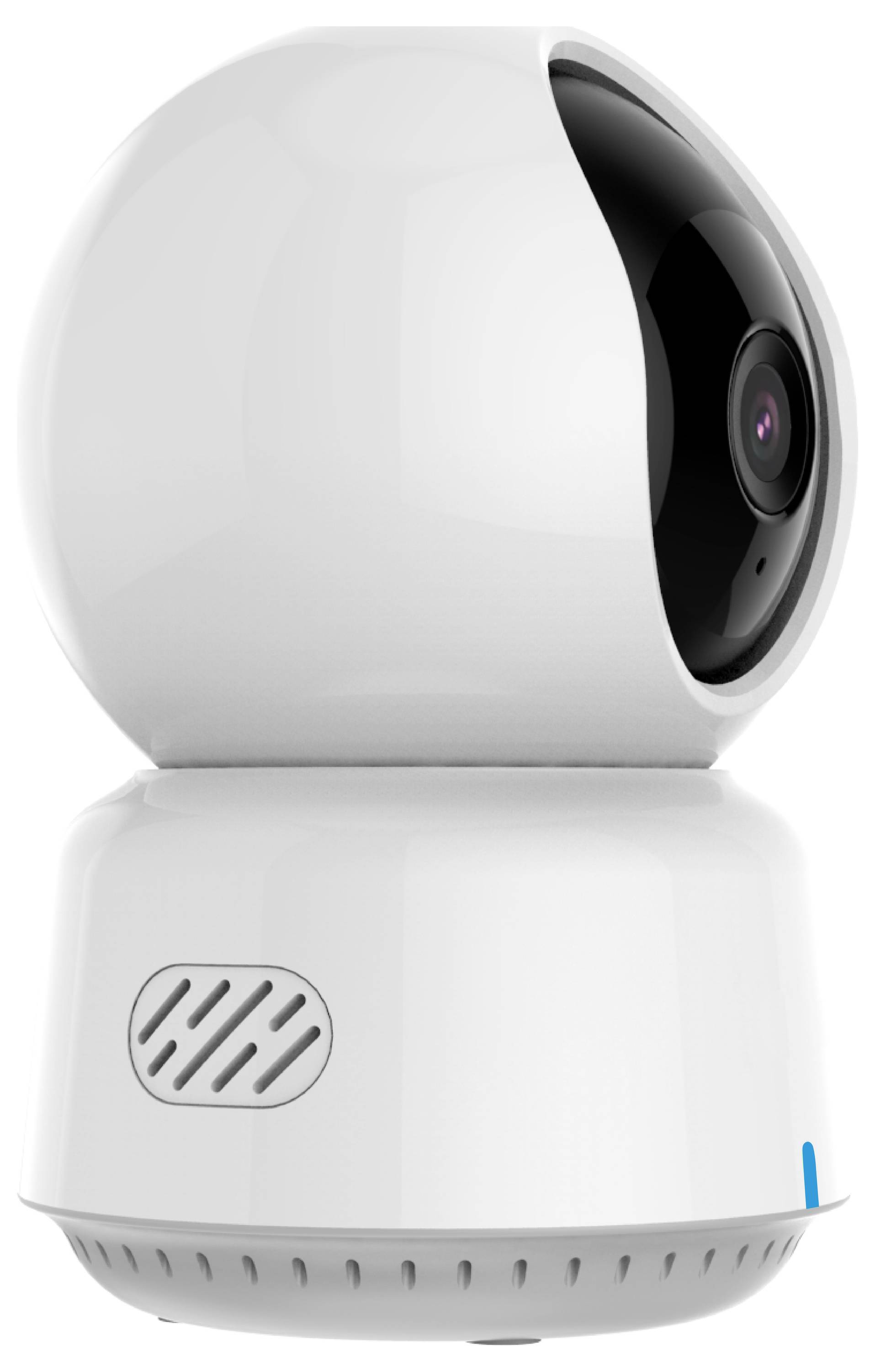 Eine runde, weiße Sicherheitskamera auf einem drehbaren Sockel, geeignet für Innenräume. Die Kamera hat ein schwarzes Objektiv auf der Vorderseite.