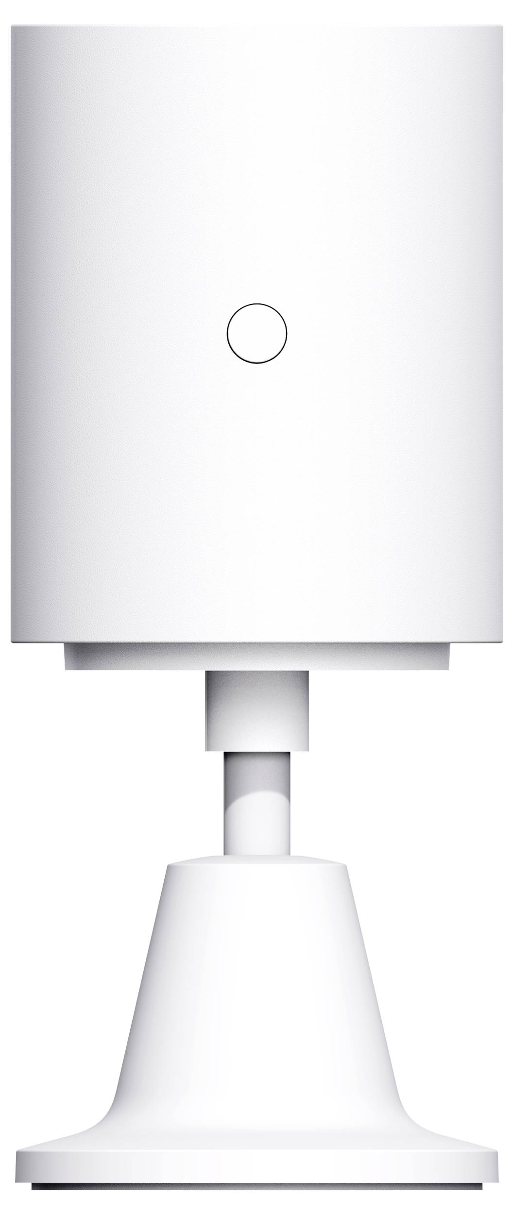 Eine weiße, zylinderförmige Überwachungskamera auf einem drehbaren Sockel, geeignet für Innenraumsicherheit.