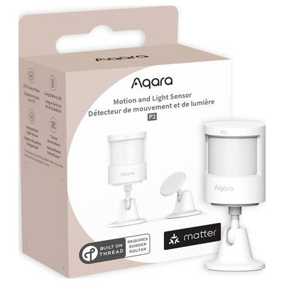 Verpackung eines Aqara Bewegungs- und Lichtsensors P2, zeigt das Gerät mit flexibler Halterung. Unterstützt Thread und Matter.