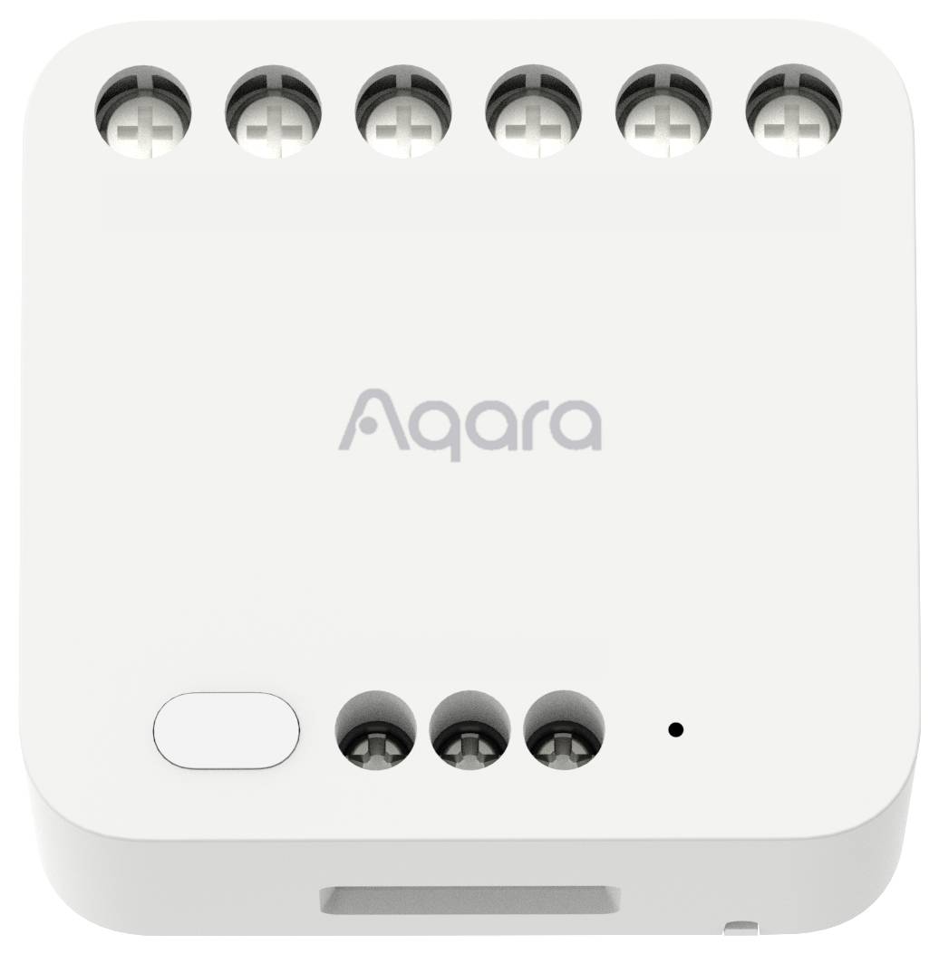 Ein weißes Smart-Home-Gerät mit dem Logo 'Aqara', mehreren Anschlüssen oben und einer Taste unten links.
