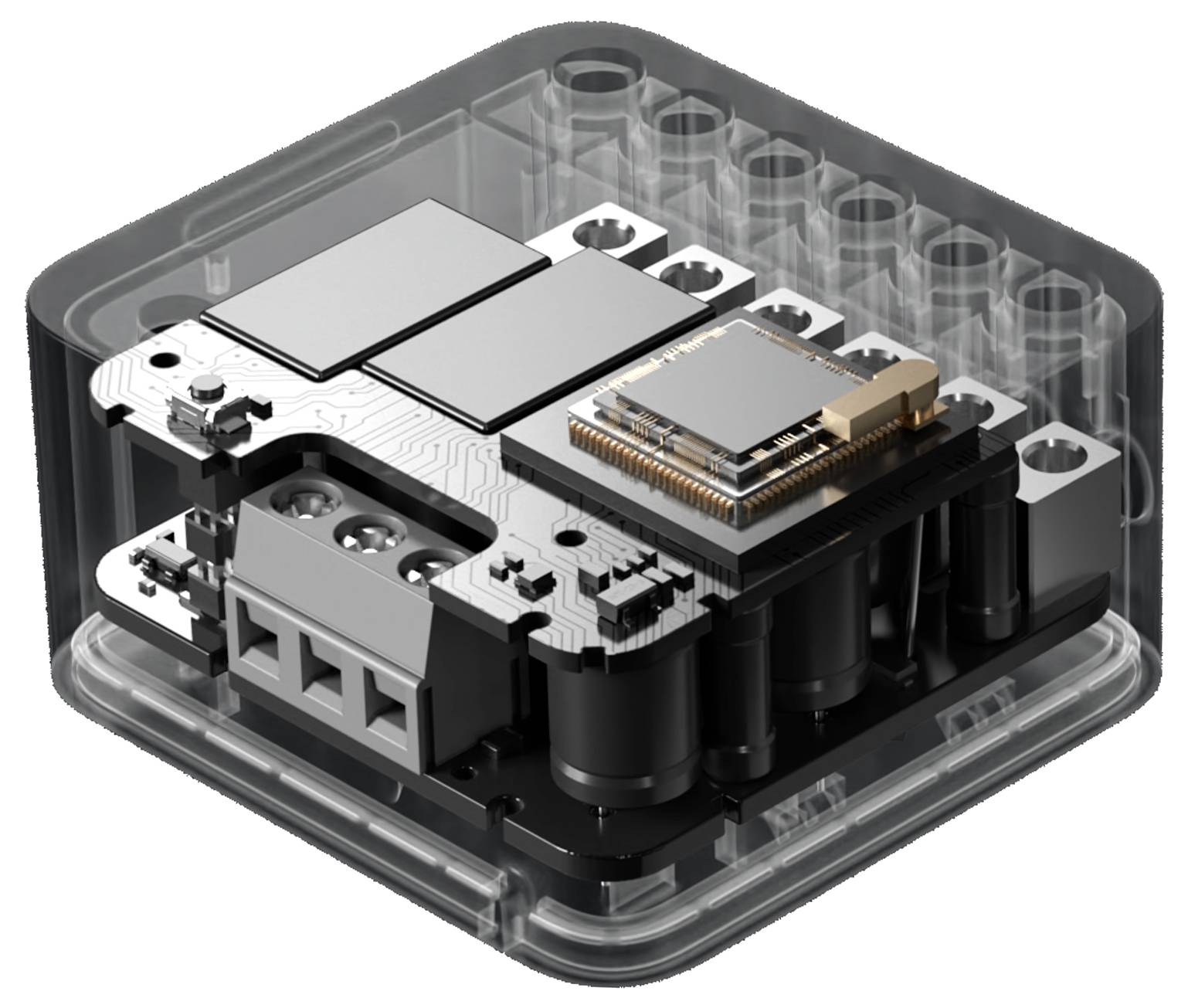 Ein transparentes Gehäuse zeigt eine elektronische Schaltung mit mehreren Bauteilen, die übereinander gestapelt sind.