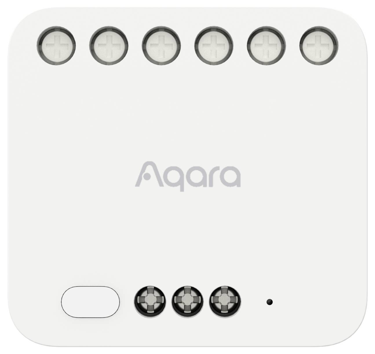 Ein weißes Gerät von Aqara mit sechs runden Tasten oben und einem Knopf links unten, dient zur Steuerung von Smart-Home-Geräten.