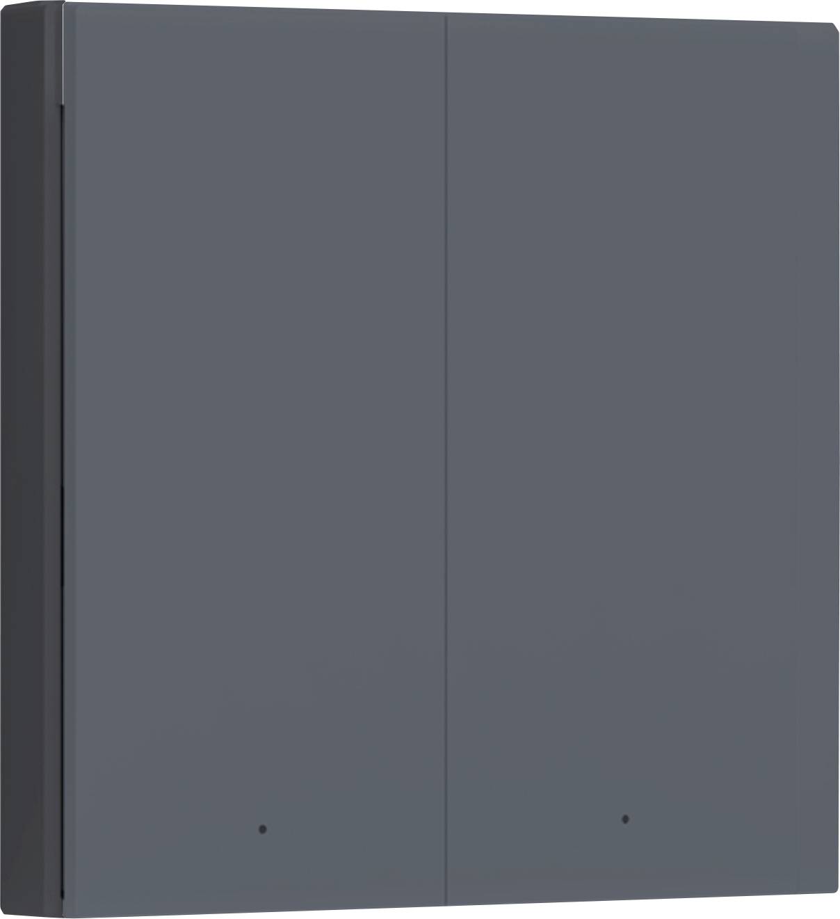 Grauer, rechteckiger Schrank mit zwei Türen, geschlossen. Minimalistisches Design, ohne sichtbare Griffe oder Verzierungen.