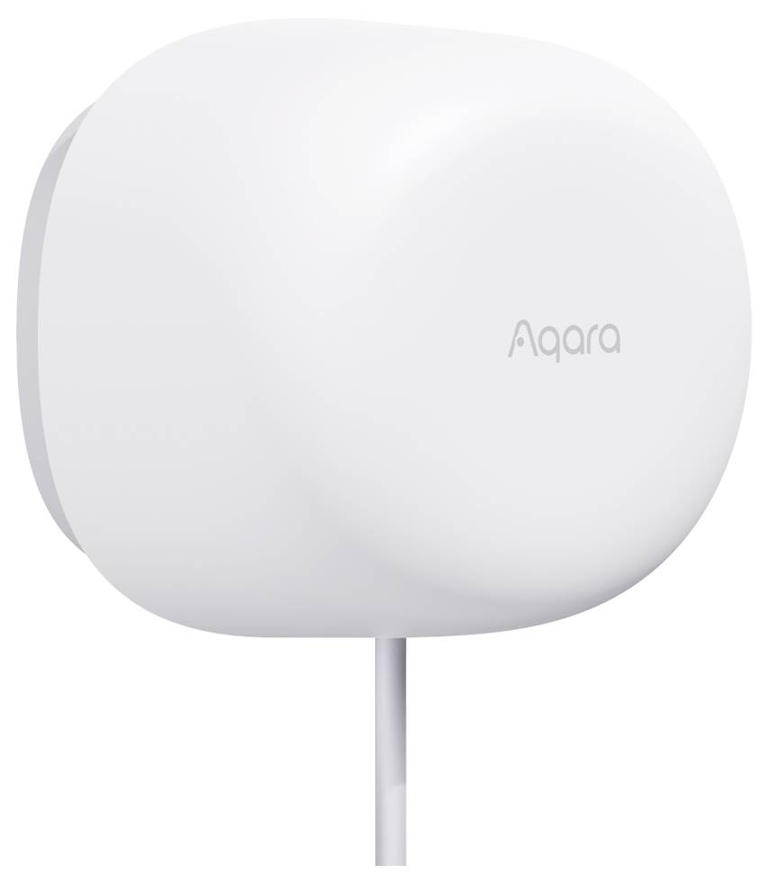 Weißer, runder Aqara Sensor an der Wand montiert, verbunden mit einem Kabel, dient zur Messung von Umweltfaktoren.