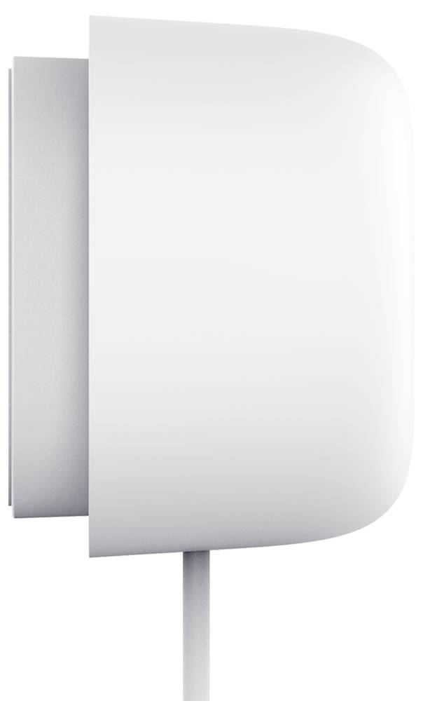 Seitenansicht eines modernen, weißen Wandthermostats mit abgerundeten Kanten und einem herausragenden Displaybereich.