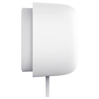 Seitenansicht eines modernen, weißen Wandthermostats mit abgerundeten Kanten und einem herausragenden Displaybereich.