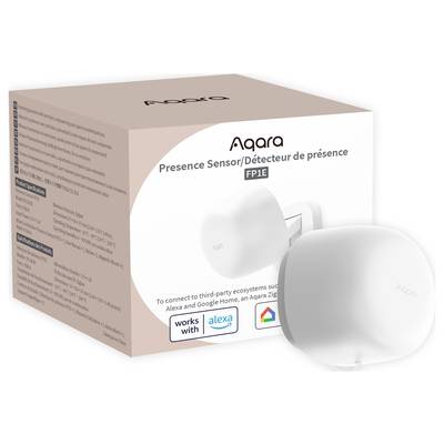 Aqara Präsenzsensor FP1E in weiß, abgebildet vor seiner Produktverpackung. Unterstützt Alexa und Google Home Integration.
