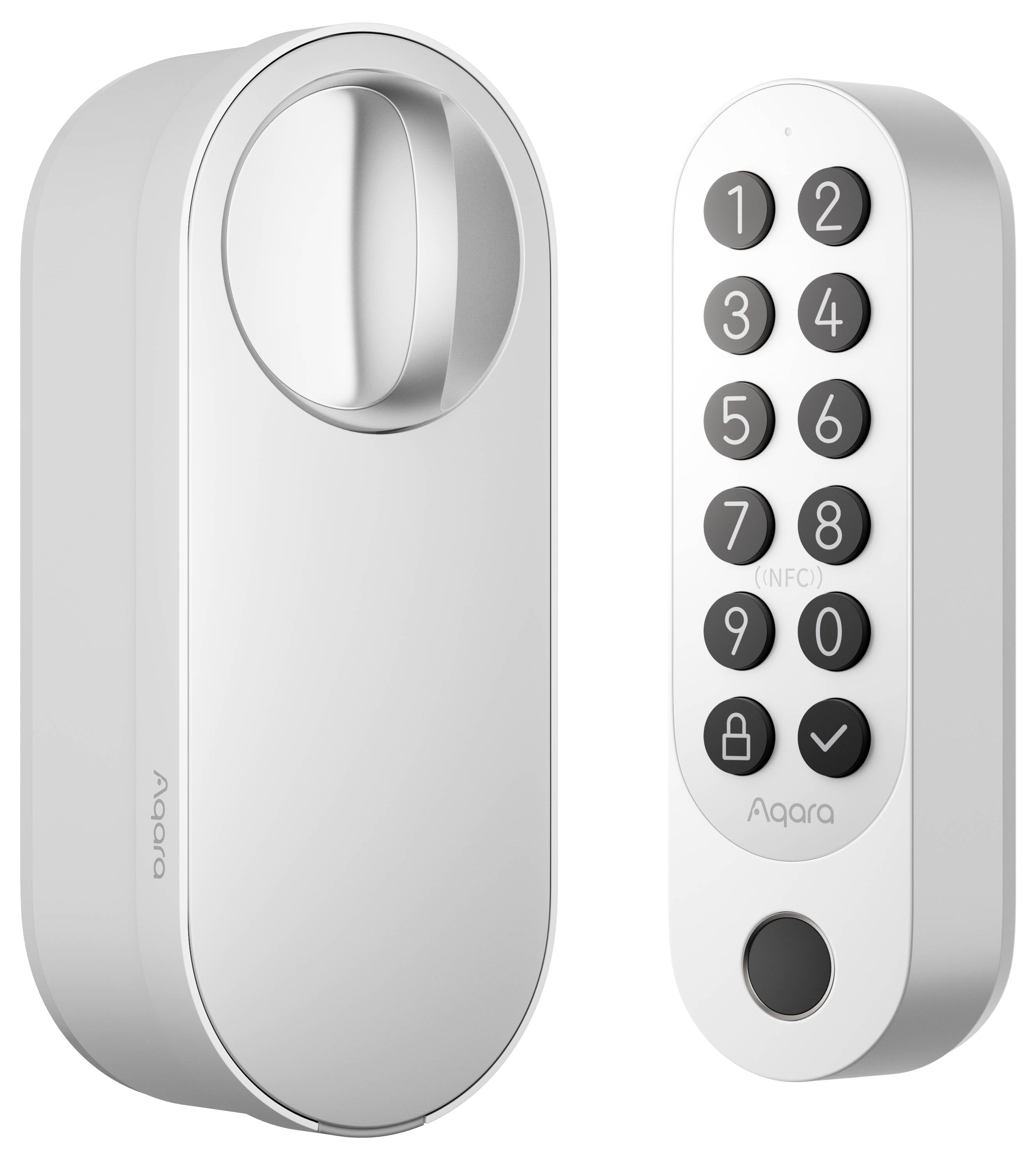 Ein digitales Türschloss in Silber mit einem Zahlenfeld von 0 bis 9 und einem Fingerabdruckscanner.