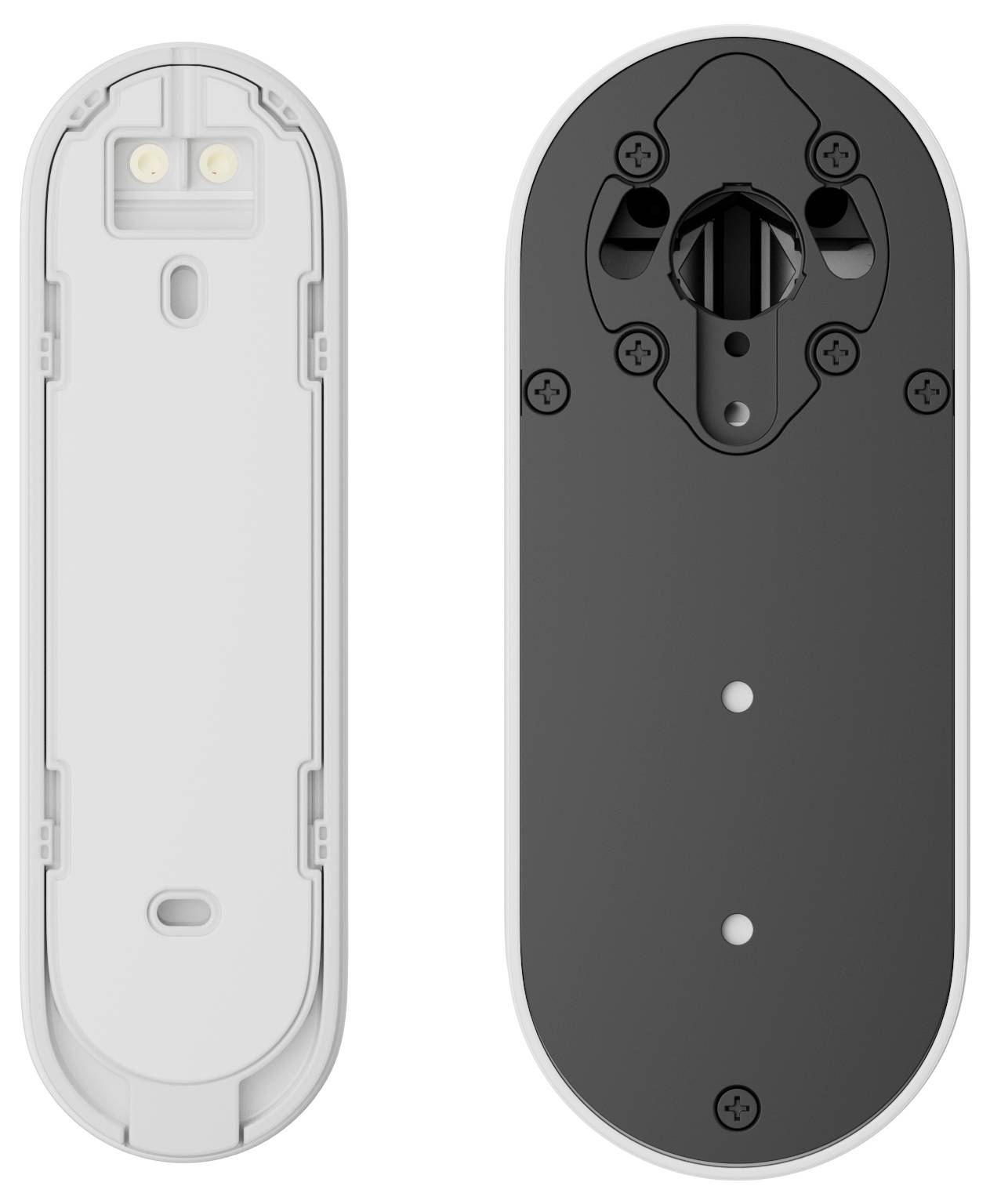 'Zwei Gehäuseteile einer drahtlosen Maus, Vorderseite links, Rückseite rechts. Die Rückseite zeigt einen Batteriefachdeckel und zwei Schrauben.'