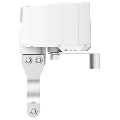 Ein weißes, kompaktes Gerät mit Metallbefestigung, möglicherweise ein Sensor oder Aktuator, montierbar an verschiedenen Oberflächen.