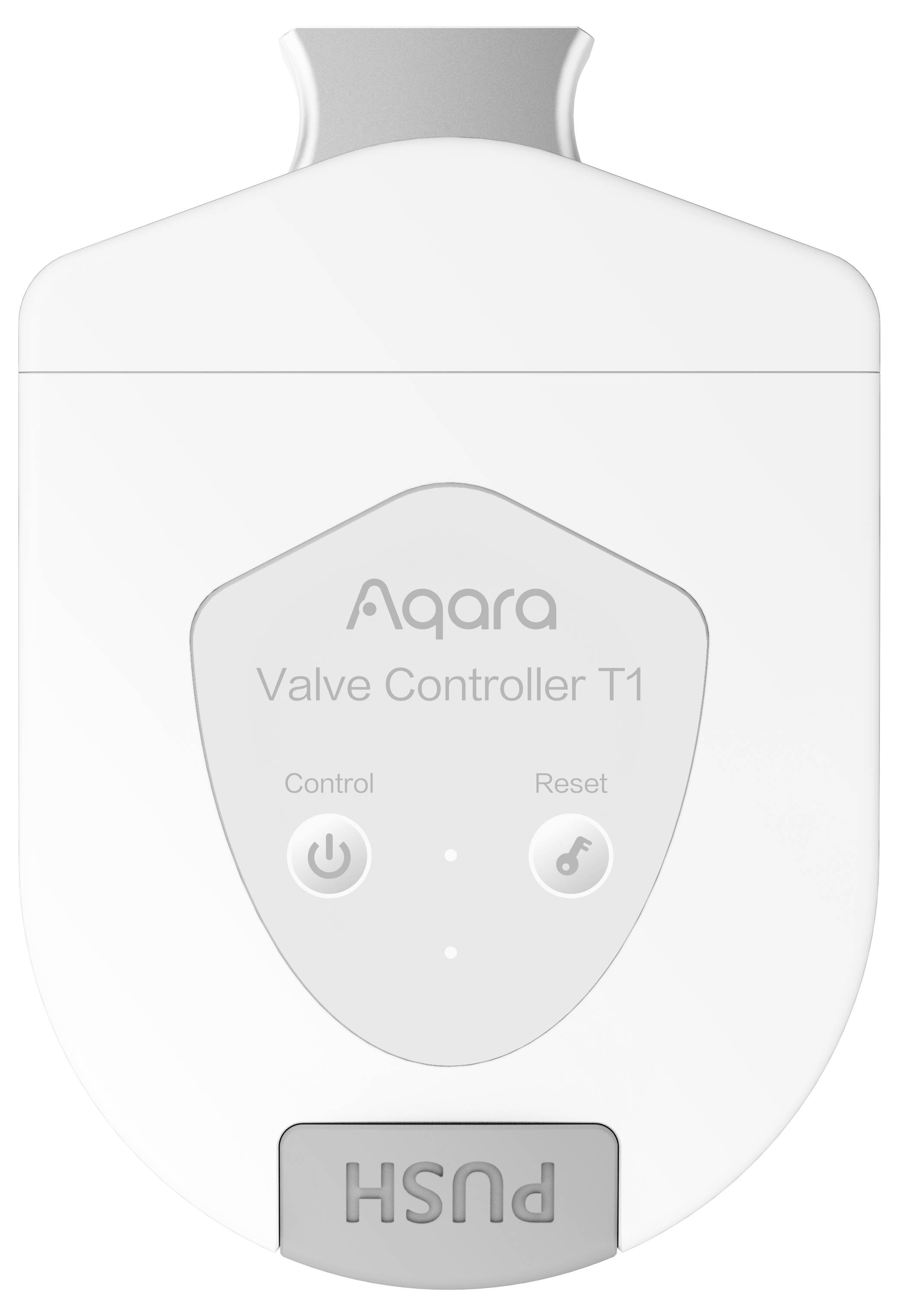 Weißer Aqara Valve Controller T1 zur Steuerung von Wasser- oder Gasanlagen mit Tasten für Kontrolle und Reset, Push-Bereich unten.