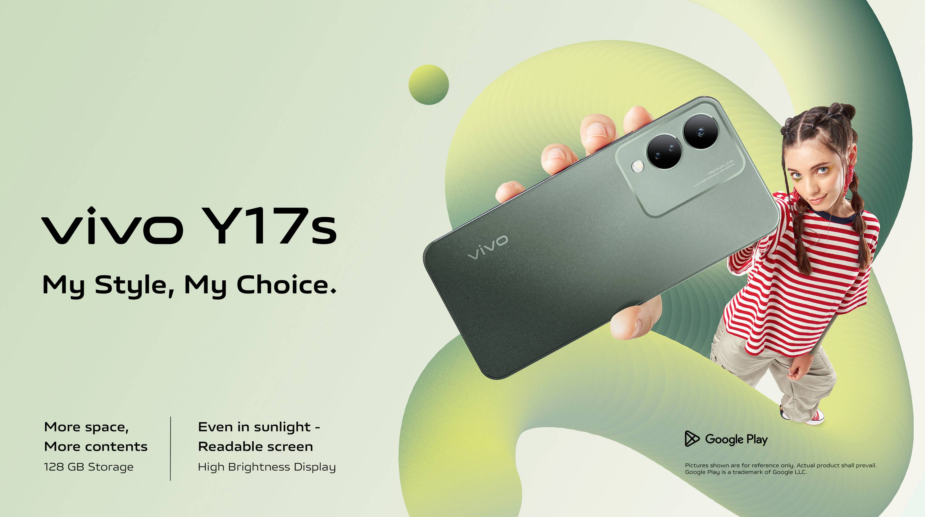 Smartphone 'vivo Y17s' in Grün; Werbetext 'My Style, My Choice.'. Frau rechts. Funktionen: 128 GB Speicher, hohe Helligkeit.