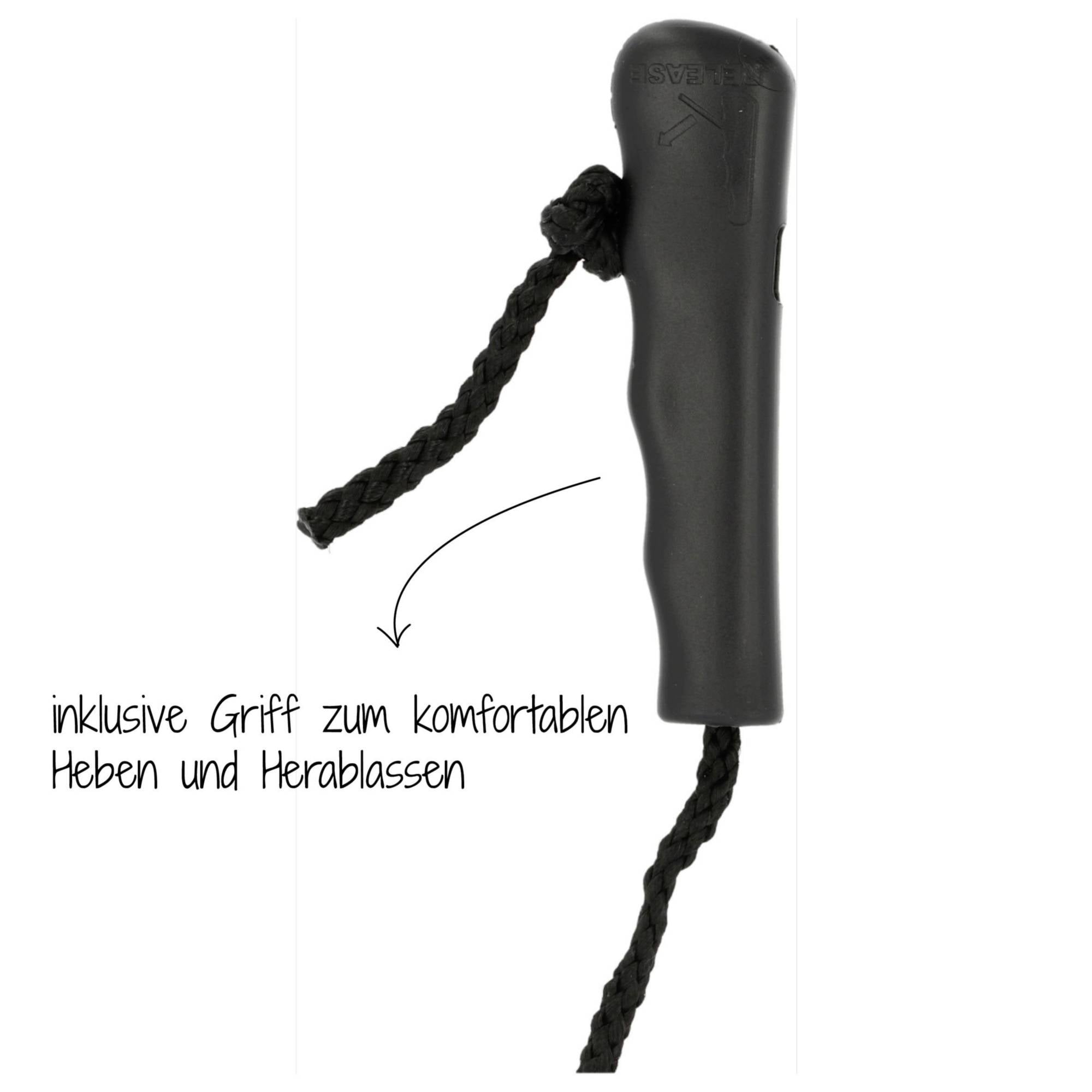 Ein schwarzer Griff mit Seil, beschrieben mit 'inklusive Griff zum komfortablen Heben und Herablassen'.