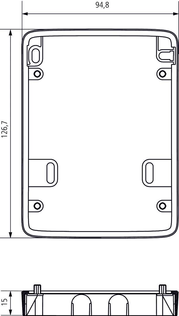 Technische Zeichnung eines rechteckigen Bauteils mit abgerundeten Ecken und Befestigungslöchern. Maße sind 126,7 mm in der Höhe.