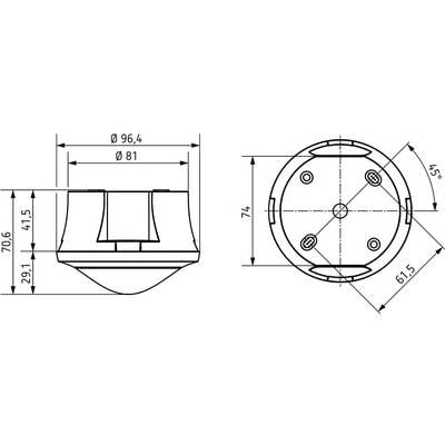 Technische Zeichnung eines Geräts mit Abmessungen: Breite 64 mm, Höhe 74 mm. Seiten- und Draufsicht mit Details der Formgebung.