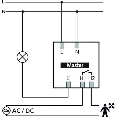 'Elektroschaltplan eines Geräts mit AC/DC-Anschluss, Hauptmodul gekennzeichnet als Master, zeigt Verkabelung mit L, N, L', H1, H2.'