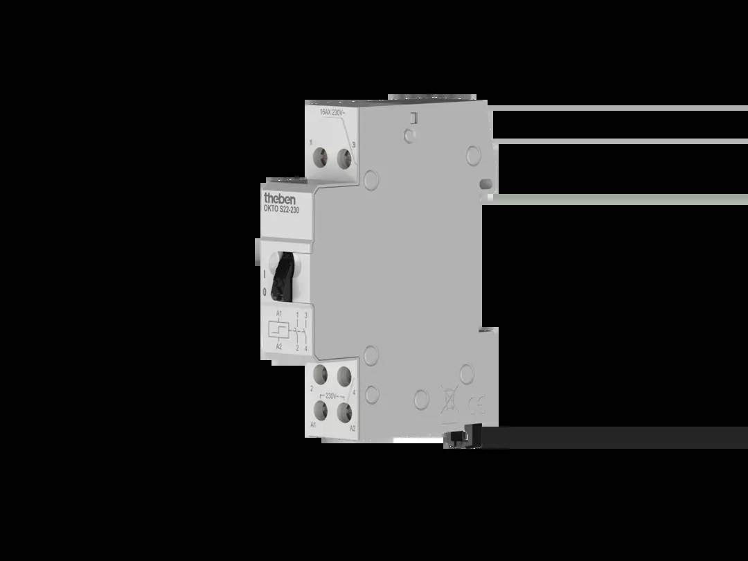 Grauer elektrischer Schaltrelais mit Beschriftungen und Anschlüssen.