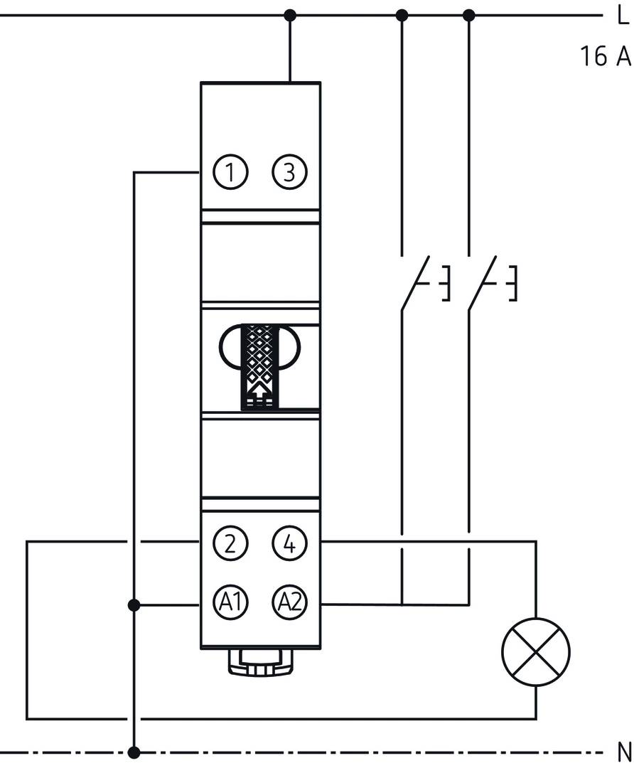 Schütz-Schaltplan: zeigt Verdrahtung und Symbole. Oben zwei Spulen (1, 3), unten vier Klemmen (2, 4, A1, A2), rechts Schaltzeichen für eine Lampe.