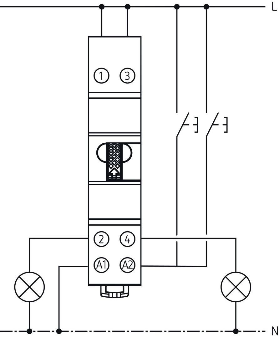 Schaltplan eines elektronischen Bauteils mit Klemmen 1 bis 4 und A1, A2. Verbindungslinien zeigen elektrische Schaltungspfad.