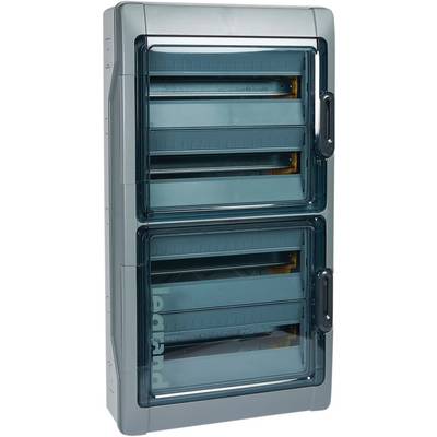 Ein graues, rechteckiges elektrisches Schalttafel-Gehäuse mit drei transparenten, türähnlichen Abdeckungen, geeignet für Innenanwendungen.