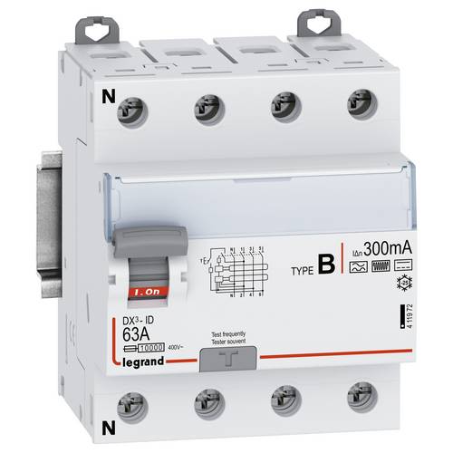 Legrand 411972 DX3 Fehlerstromschutzschalter 63A, 4-polig, 300mA, Typ B, 400VAC, N-links, 4TE FI-Schutzschalter