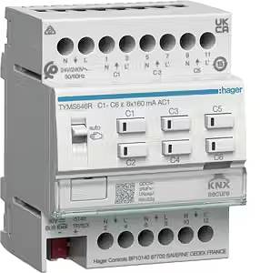 'Ein Hager-Schaltrelais-Modul mit mehreren Anschlussklemmen und Schaltern, geeignet für verschiedene elektrische Installationen.'