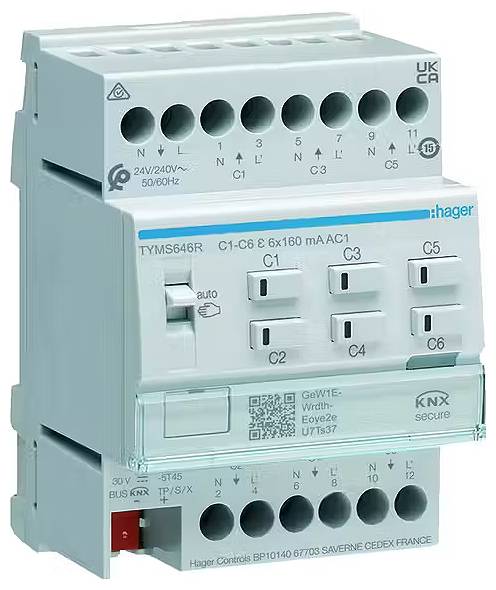 Ein elektrisches Schaltgerät mit sechs Schaltern, beschriftet als C1 bis C6, von Hager. Es hat Anschlüsse und ist für 24V/240V.