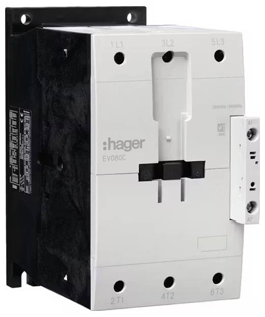 Ein "Hager" Leistungsschalter, Modell EV080C, in Schwarz und Weiß, geeignet für industrielle Anwendungen, mit mehreren Anschlussstellen.