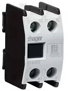 Ein schwarzes und weißes elektrisches Schaltgerät von 'Hager', mit vier Anschlussklemmen und einem QR-Code auf der Vorderseite.