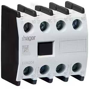 Ein weißes Elektrobauteil mit vier schwarzen Schaltern und der Aufschrift 'hager'.