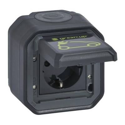 Schwarze, quadratische Steckdose mit Klappe, auf der ein Autosymbol abgebildet ist. Geeignet für Elektrofahrzeug-Ladung.
