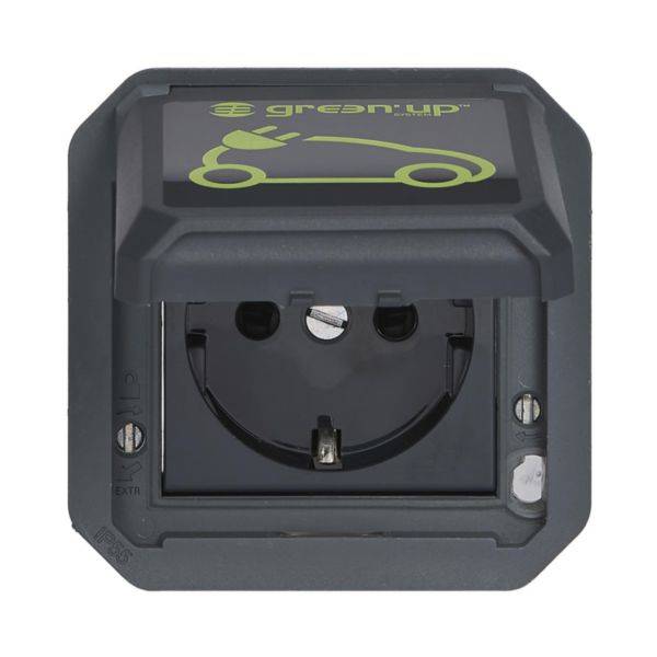 Schutzkontaktsteckdose mit Klappdeckel, darauf ein Symbol eines Autos mit Stecker, Hinweis auf E-Ladefunktion.