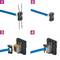 'Anleitung zur Verbindung von Kabeln: 1. Kabel abisolieren und in Buchse stecken. 2. Kabel in Position. 3. Buchse sichern. 4. Fertig montiertes Kabel.'