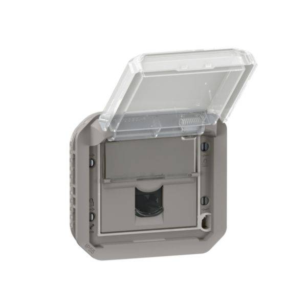 Gehäuse mit transparentem Deckel zur Wandmontage, geöffnet. Innen eine Ethernet-Buchse, geeignet für Netzwerkverbindungen.