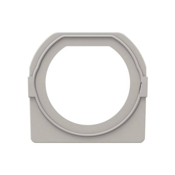 Graue Kunststoffhalterung in rechteckiger Form mit rundem Innenausschnitt.