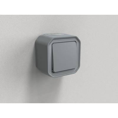 Ein grauer Lichtschalter in minimalistischer Gestaltung ist an einer hellgrauen Wand montiert.