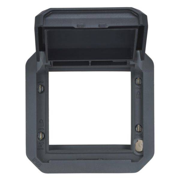 Graues, leeres Rahmengehäuse mit offenem Deckel und Schraubbefestigungen in den Ecken, vermutlich für elektrische Installationen geeignet.