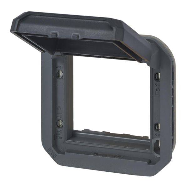 Grauer Kunststoffrahmen mit abdeckbarem Deckel, geeignet für Steckdosen oder Schalter. Der Deckel ist geöffnet und zeigt das Innenleben.