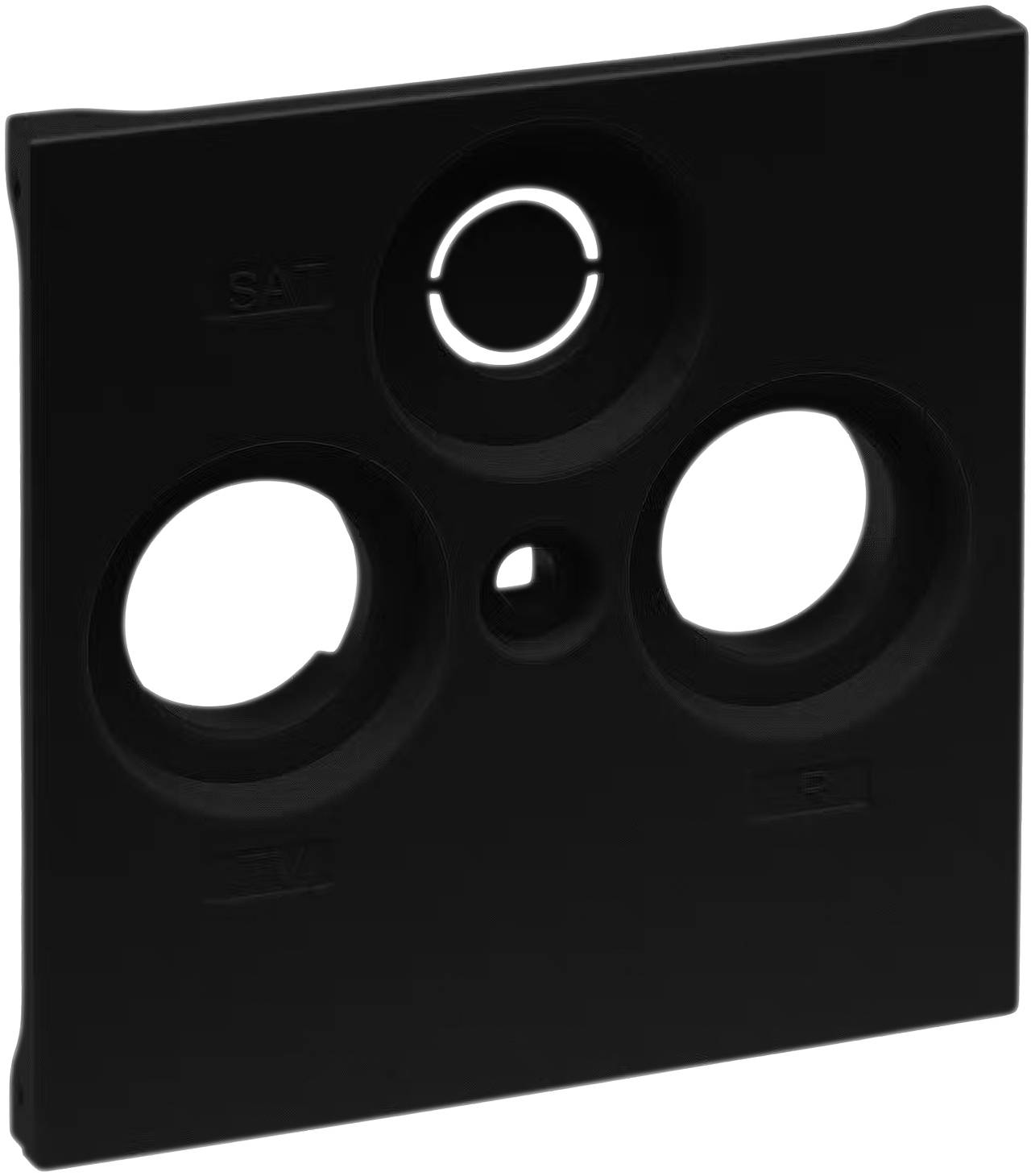 Schwarze Abdeckung mit drei runden Öffnungen, beschriftet mit 'SAT', 'TV' und 'R'.
