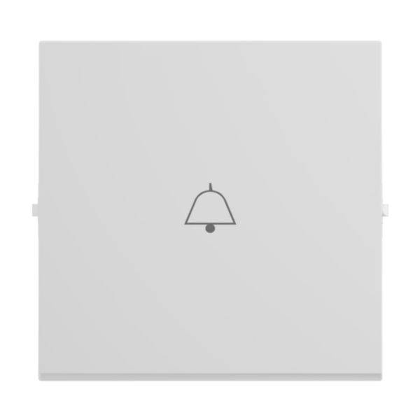 Weiße quadratische Oberfläche mit einem Klingelsymbol in der Mitte, möglicherweise ein Tür- oder Alarmknopf.