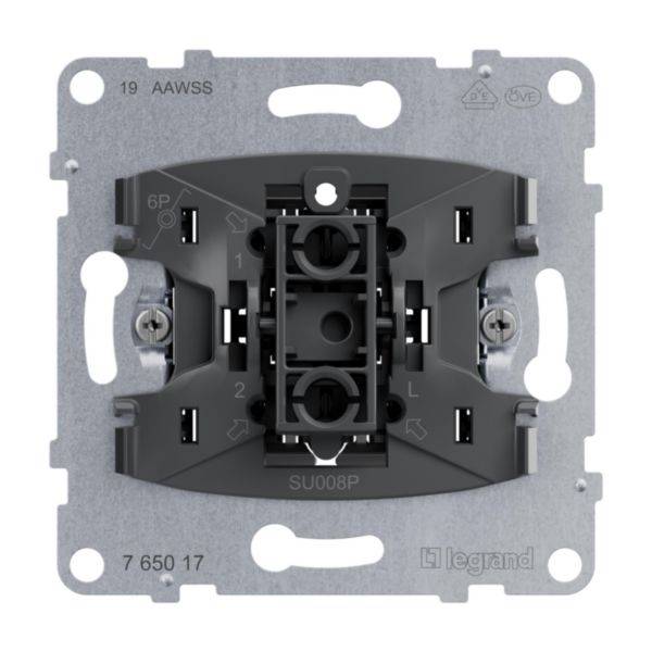 Unterputz-Schaltermechanismus von Legrand. Grau, quadratisch, mit Steckanschlüssen, geeignet für verschiedene elektrische Installationen.