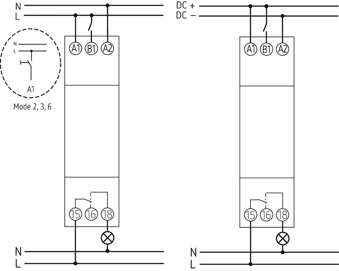 Diagramm zeigt elektrische Schaltkreise mit Verbindungen für zwei Steuergeräte. Links: A1, A2, 15, 16, 18; rechts: A1, A2 mit DC und Netzanschluss.
