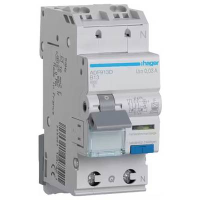 Ein zweipoliger Schutzschalter mit blauer und grauer Beschriftung, verwendet für Überstromschutz in elektrischen Installationen.