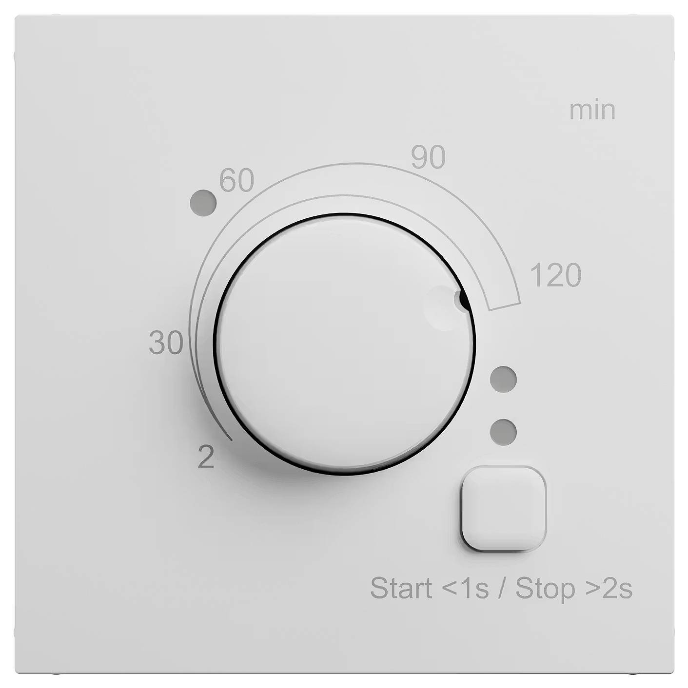 Ein quadratischer Timer-Drehregler zeigt Minutenintervalle von 2 bis 120 an. Ein Knopf zum Starten und Stoppen befindet sich darunter.