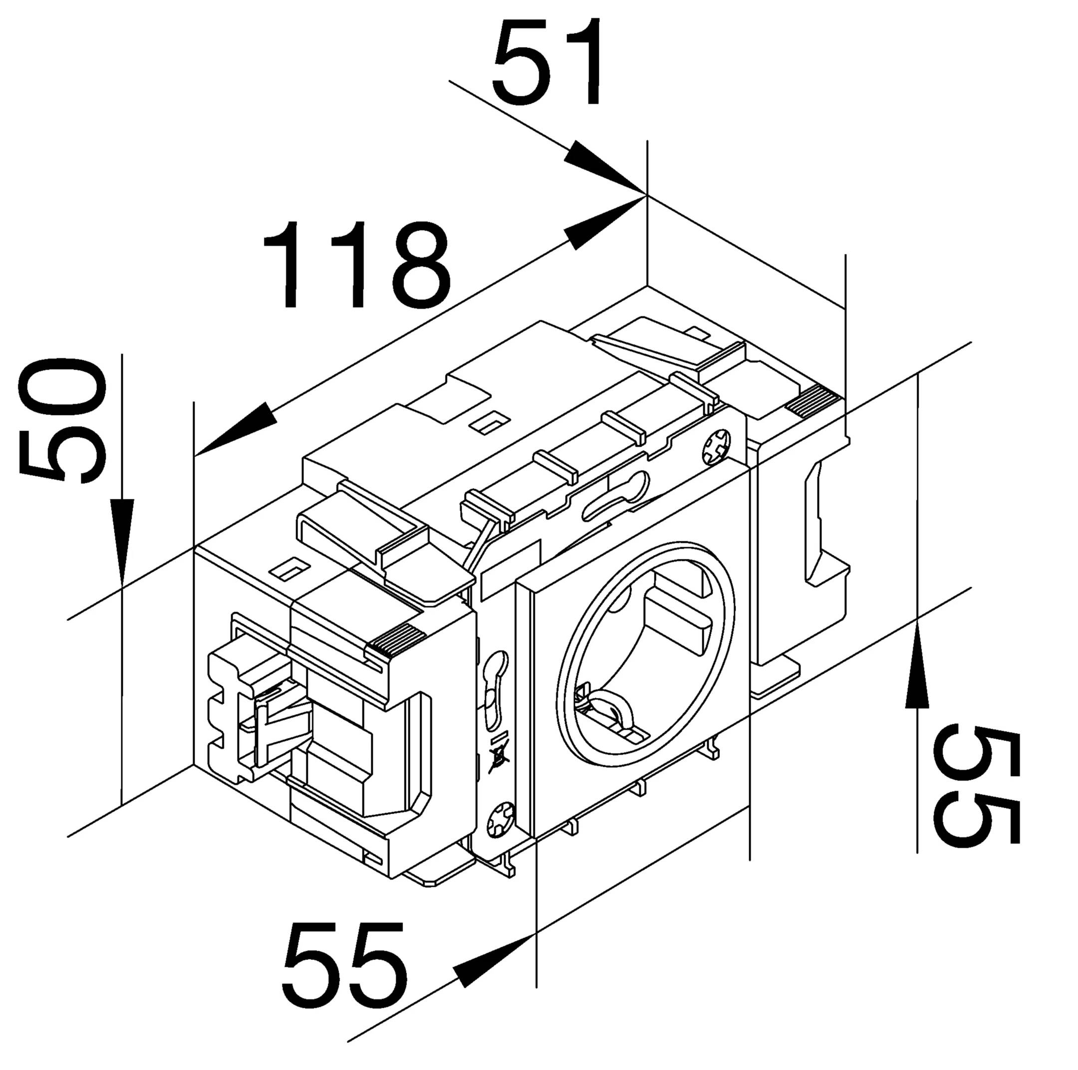 Technische Zeichnung eines elektrischen Moduls mit Maßen: Höhe 50 mm, Breite 118 mm, Tiefe 51 mm und 55 mm, mit Anschlüssen.