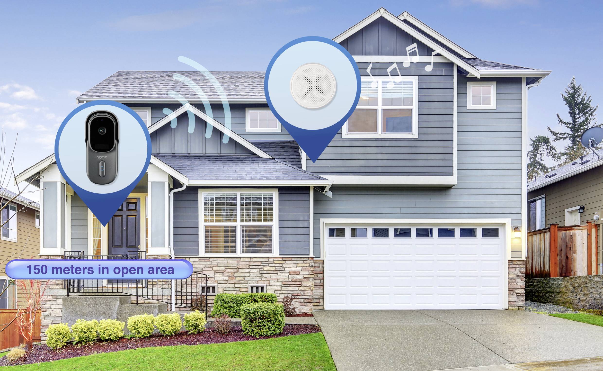 Zweistöckiges Einfamilienhaus mit grauer Holzverkleidung. Symbole für Kameraüberwachung und Alarmanlage zeigen Funktionen des Hauses.