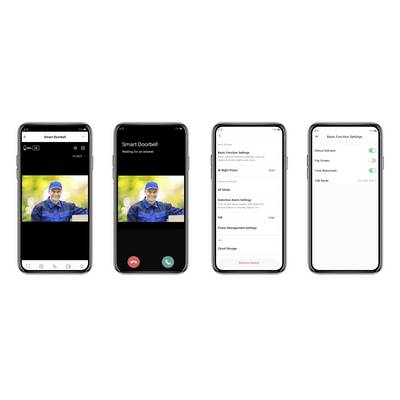 Vier Smartphone-Bildschirme zeigen eine App für eine smarte Türklingel. Erster Bildschirm: Videostream, Mann wartet. Zweiter: Anrufoptionen. Dritter: Einstellungen. Vierter: Funktionsanpassungen.
