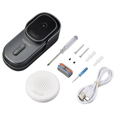 Video-Türklingel-Kit mit Kamera, Lautsprecher, Schrauben, Dübeln, Schraubendrehern, USB-Kabel und Klemmen; Markenname sichtbar.